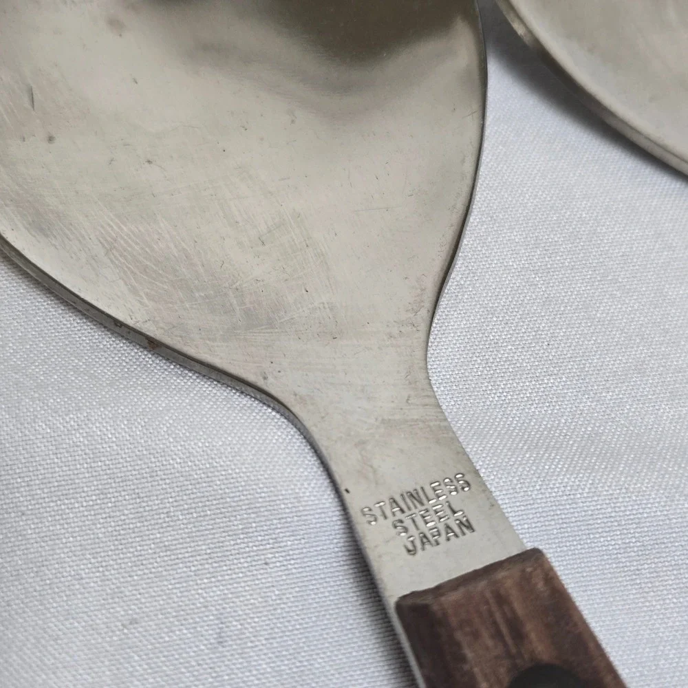Pair of Stainless Steel Wood Handle Salad Servers Japan MCM Danish Style Vtg 13